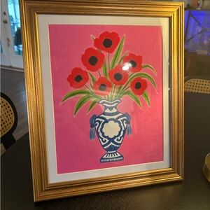 8x10 gold framed Chinoiserie Vase & poppy’s floral art print on pink background